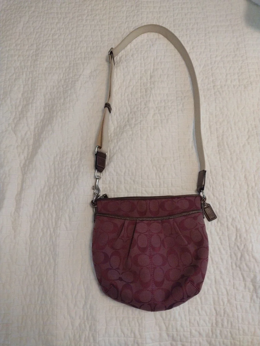 Coach Purple Signature Logo Crossbody Bag Zip Top Adjustable Strap Silver Brown